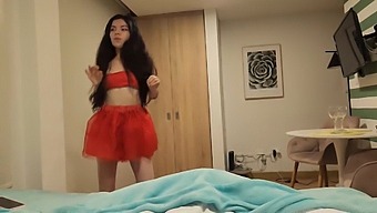 Stunning Lady In Red Skirt And Without Panties Craves Christmas Present Of Intense Sex